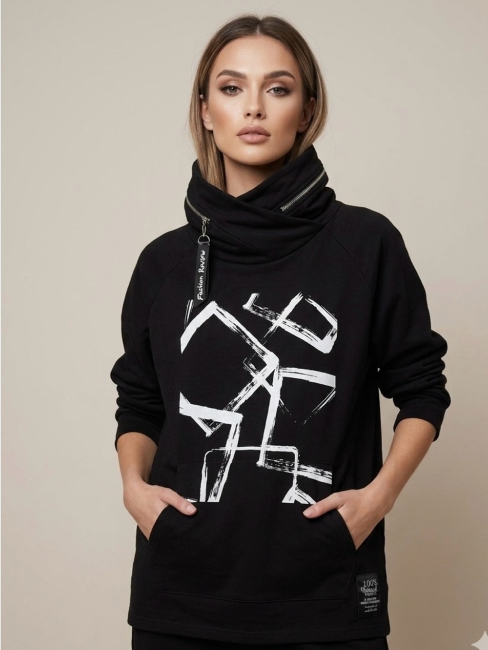 Froccella Italy Fashion Review Funnel Tunic Neck Hidden Hood Abstract UNISEX
